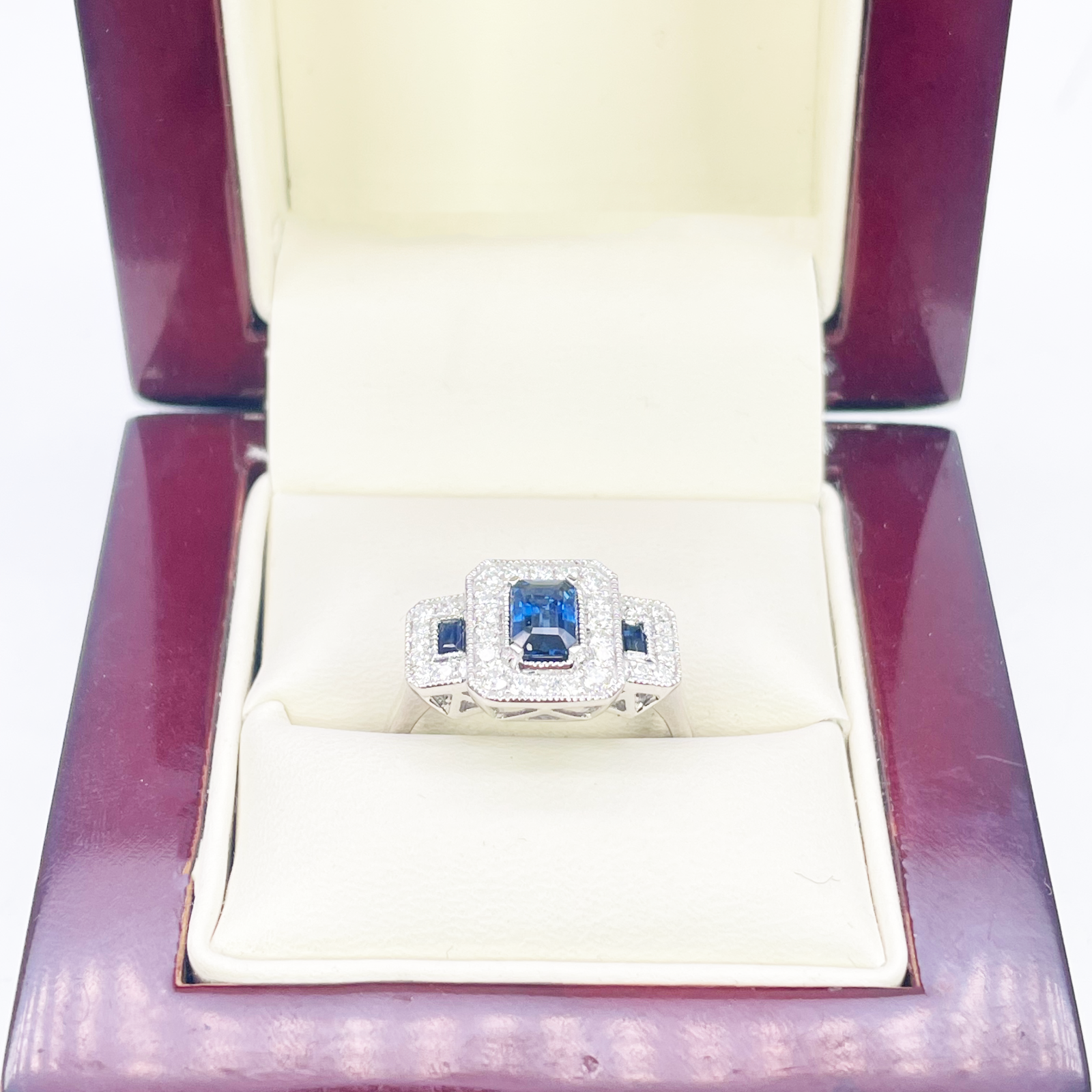 18ct Gold Emerald Cut Sapphire Triple Halo Round Diamond Art Deco Ring 1.14ct  Diamond Ring