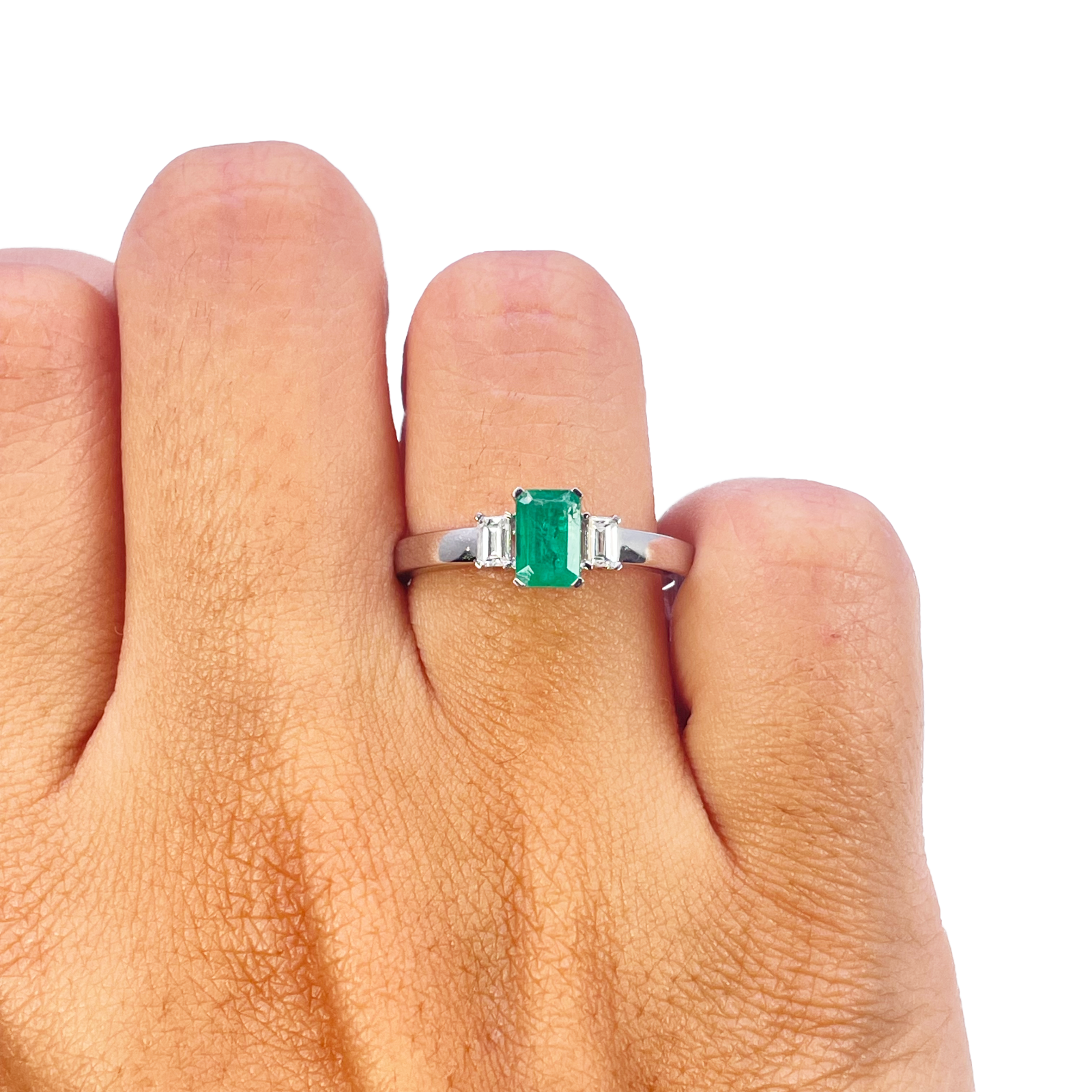 18ct Gold Emerald Diamond Ring Natural Baguette & Emerald Cut 0.75ct  Diamond Ring