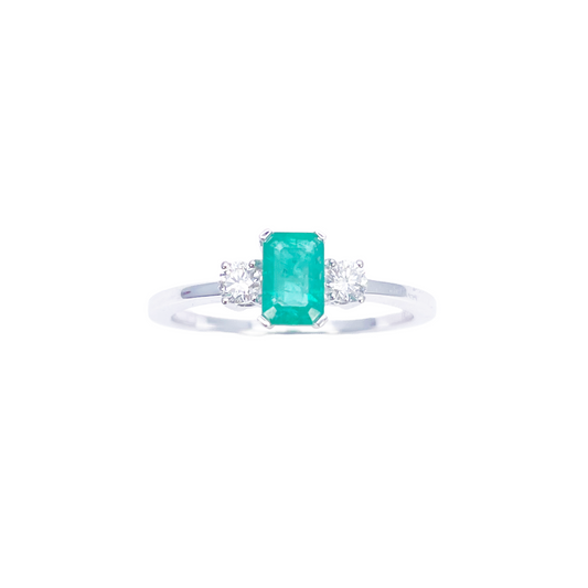 18ct Gold Emerald Diamond Ring Natural Round & Emerald Cut Three-Stone 0.70ct  Diamond Ring