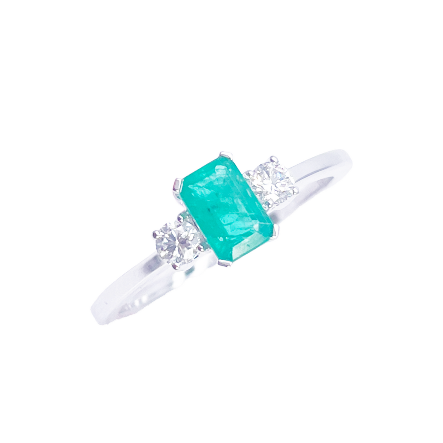 18ct Gold Emerald Diamond Ring Natural Round & Emerald Cut Three-Stone 0.70ct  Diamond Ring