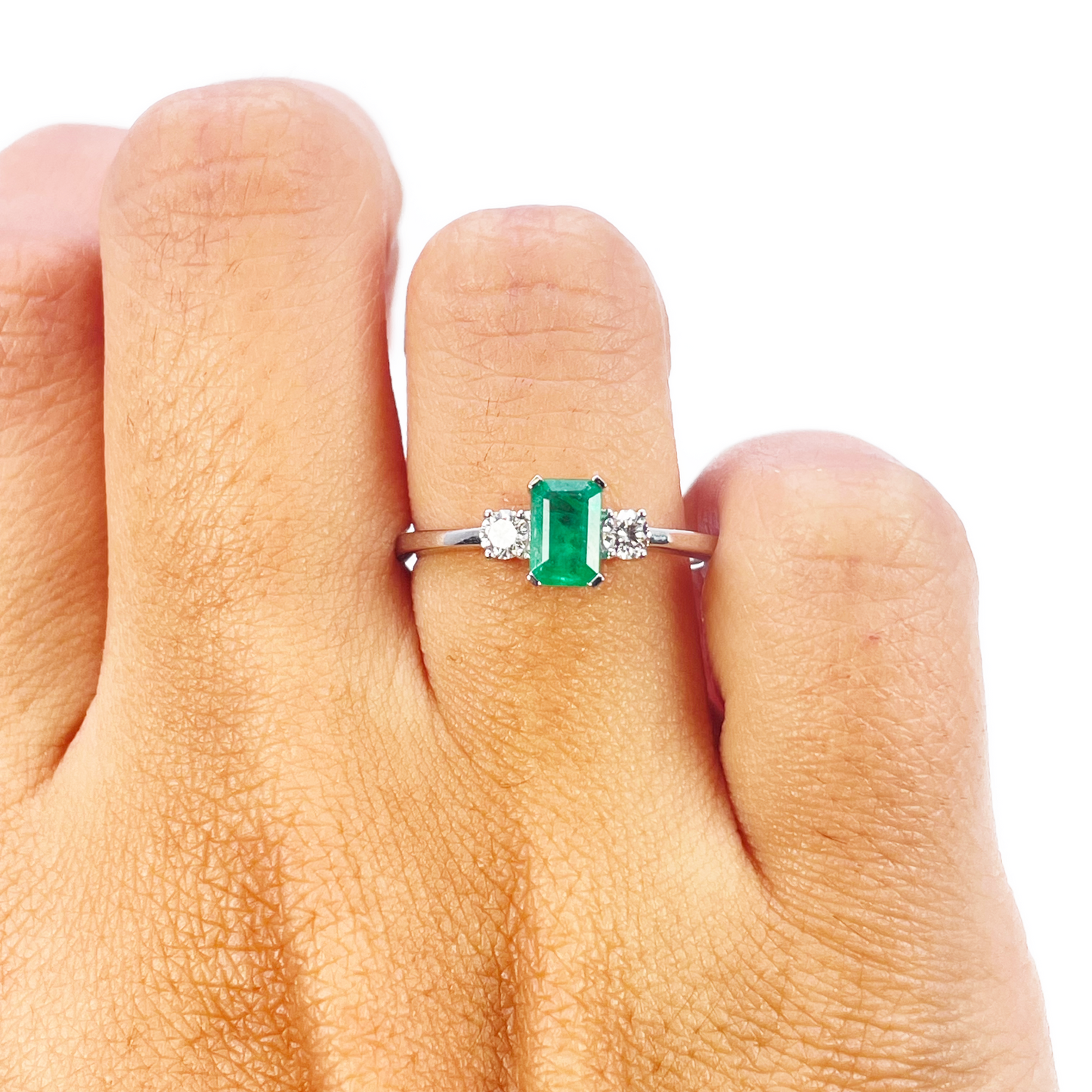 18ct Gold Emerald Diamond Ring Natural Round & Emerald Cut Three-Stone 0.70ct  Diamond Ring