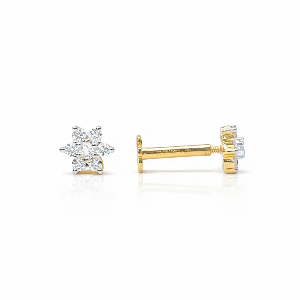 18ct Gold Natural Diamond Floral Stud Earrings 0.18ct - 4.5mm Width 
