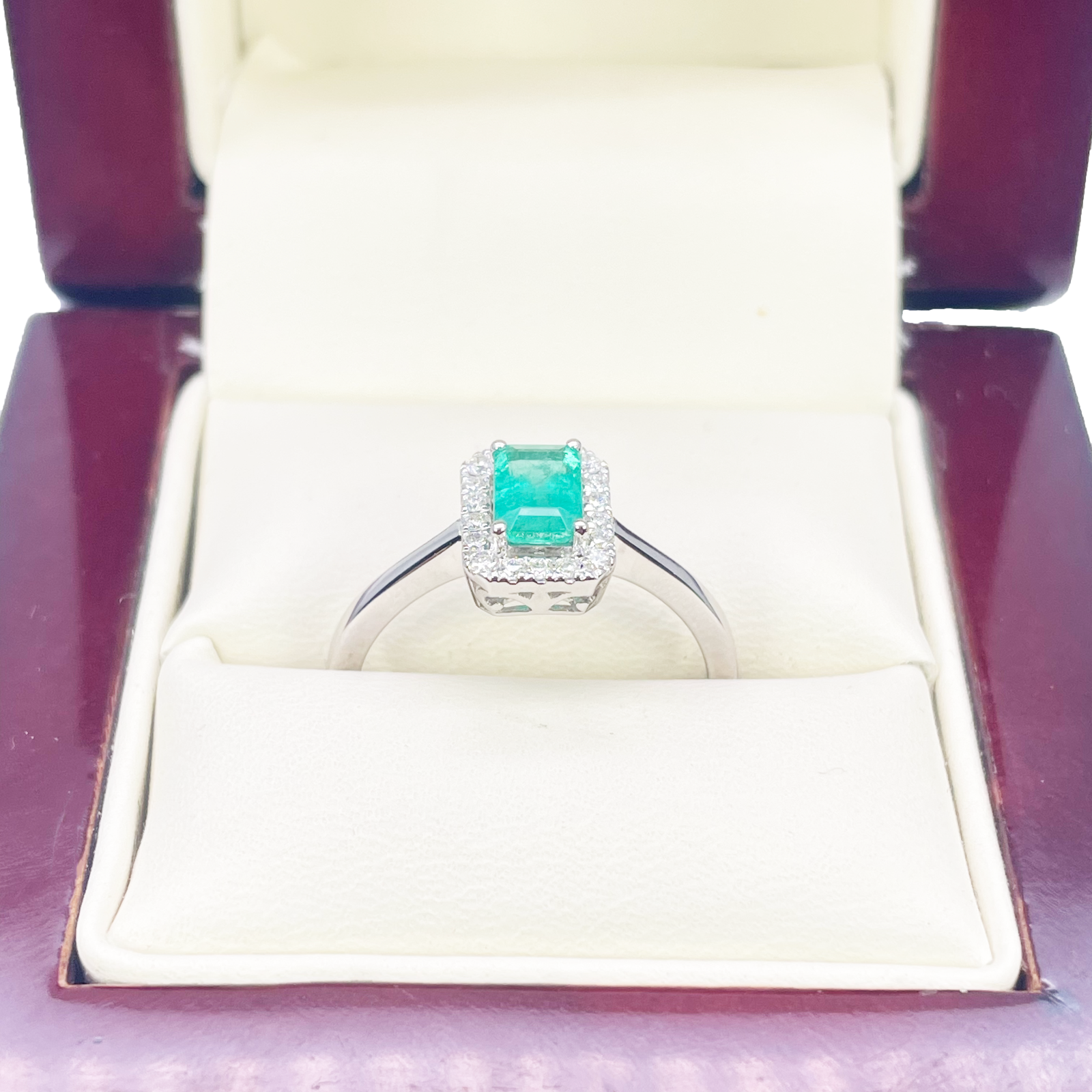 18ct Gold Natural Emerald Diamond Halo Ring Round & Emerald Cut 0.70ct  Diamond Ring