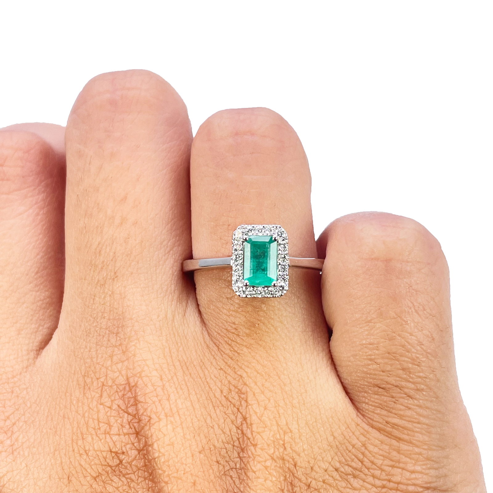 18ct Gold Natural Emerald Diamond Halo Ring Round & Emerald Cut 0.70ct  Diamond Ring