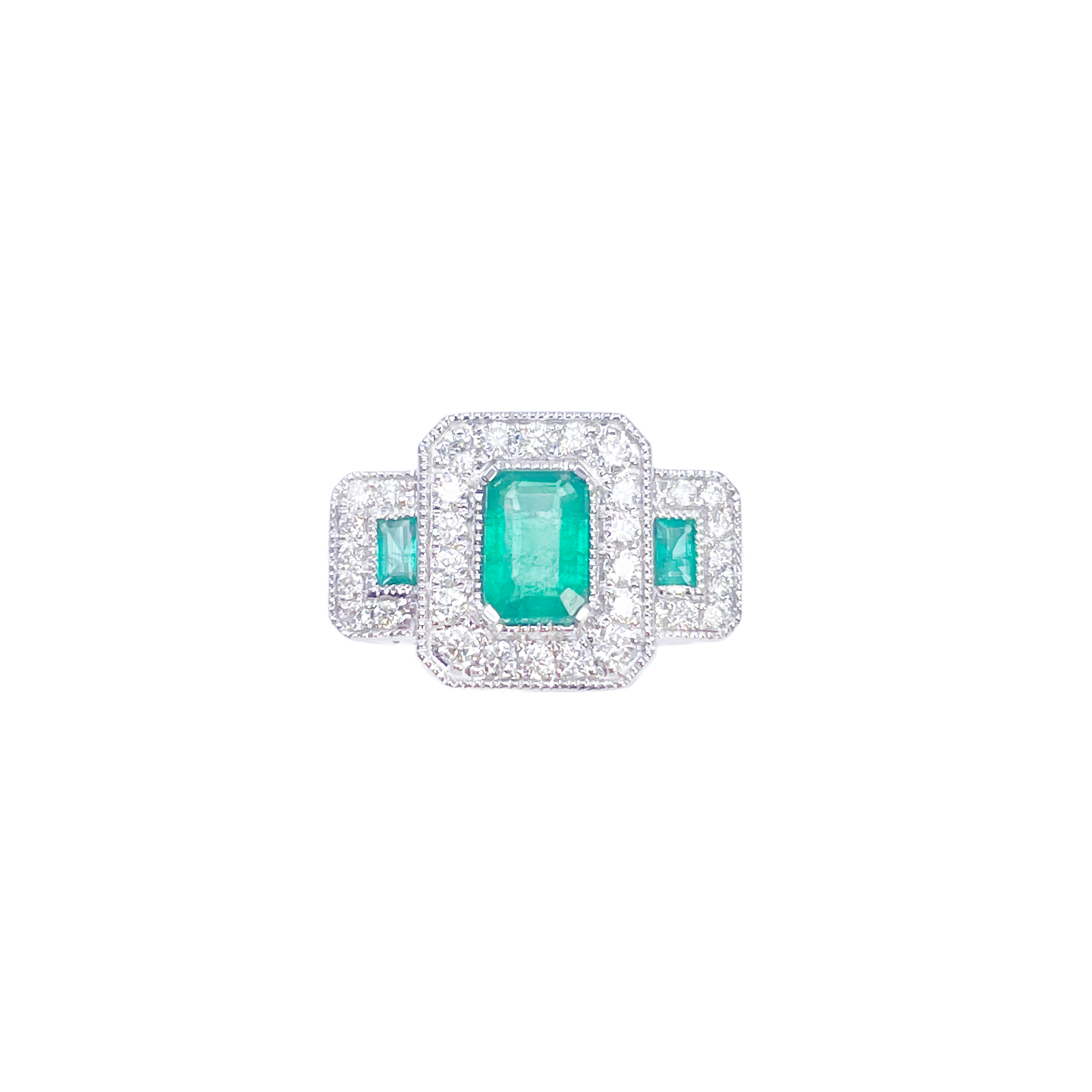 18ct Gold Natural Emerald Diamond Halo Ring Round & Emerald Cut 0.95ct  Diamond Ring