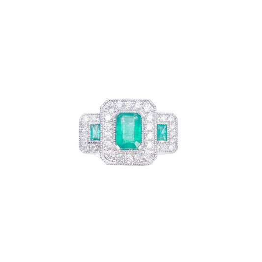 18ct Gold Natural Emerald Diamond Halo Ring Round & Emerald Cut 0.95ct  Diamond Ring