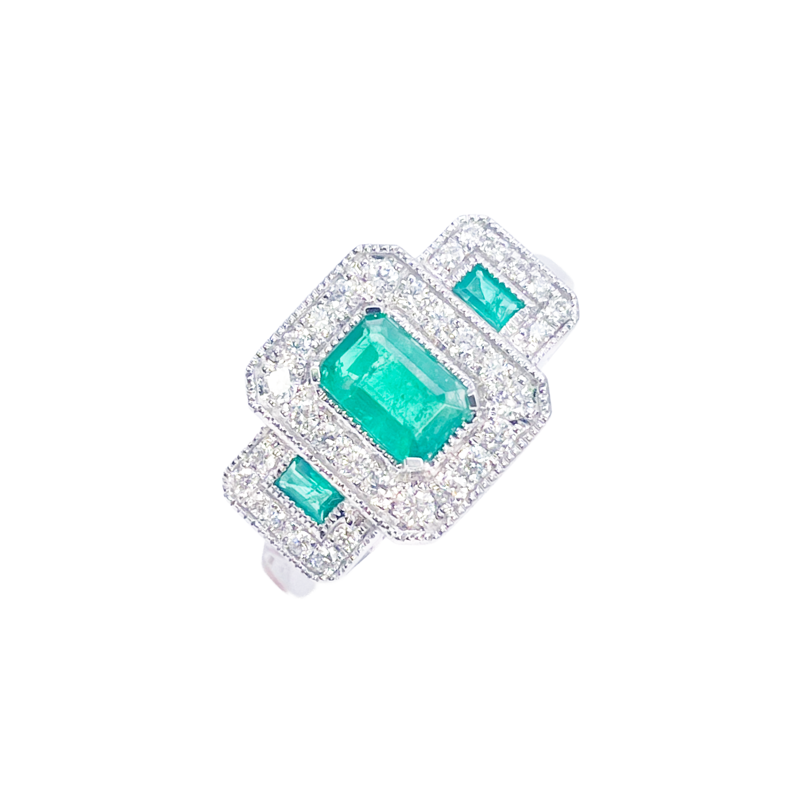 18ct Gold Natural Emerald Diamond Halo Ring Round & Emerald Cut 0.95ct  Diamond Ring