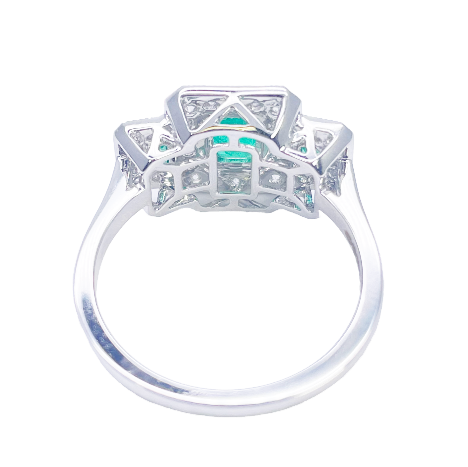 18ct Gold Natural Emerald Diamond Halo Ring Round & Emerald Cut 0.95ct  Diamond Ring