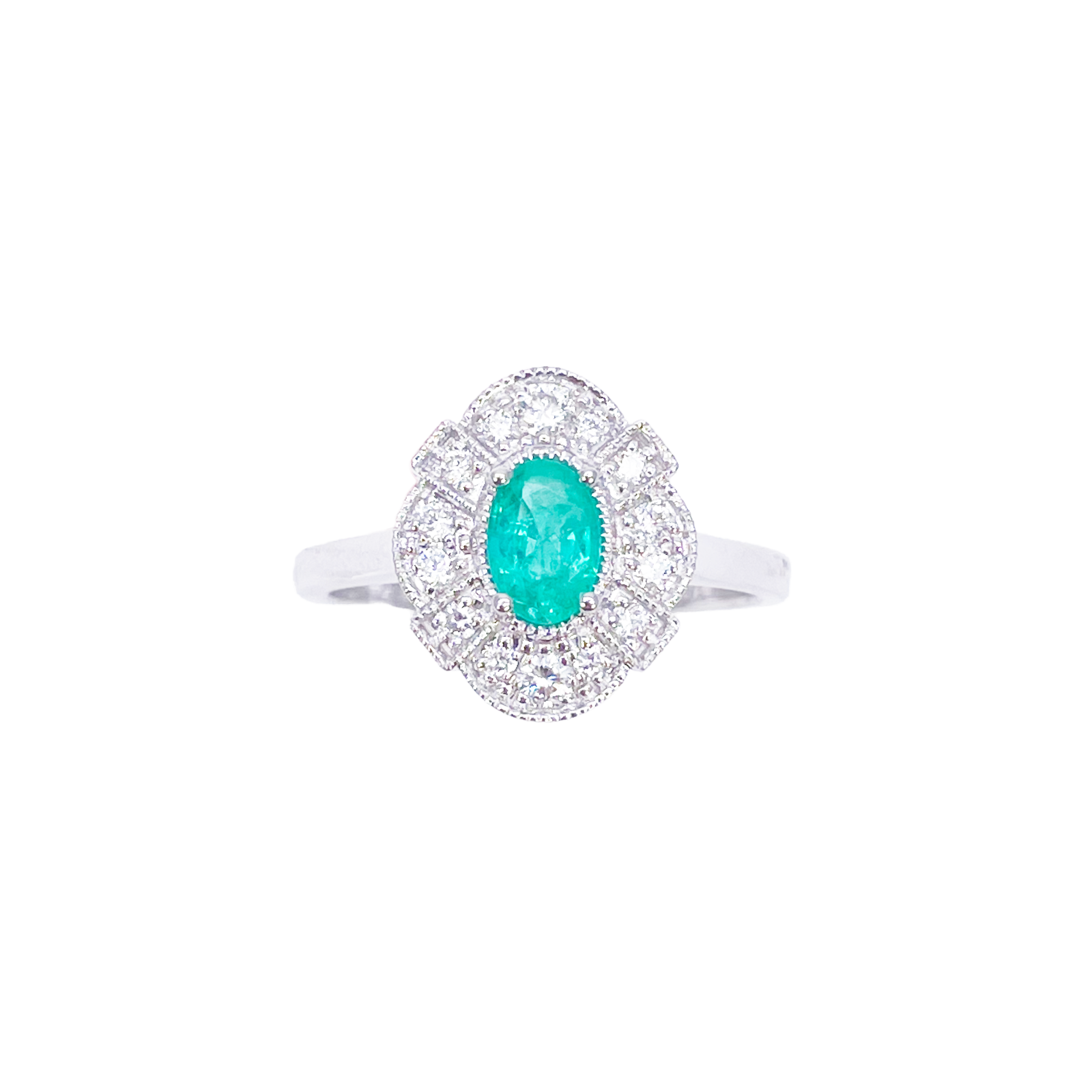 18ct Gold Natural Emerald Diamond Halo Ring Round & Oval Cut 0.65ct  Diamond Ring