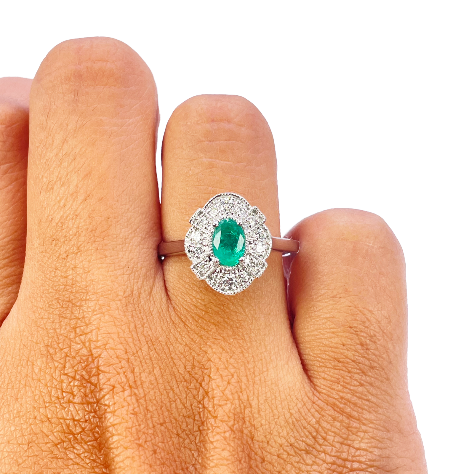 18ct Gold Natural Emerald Diamond Halo Ring Round & Oval Cut 0.65ct  Diamond Ring