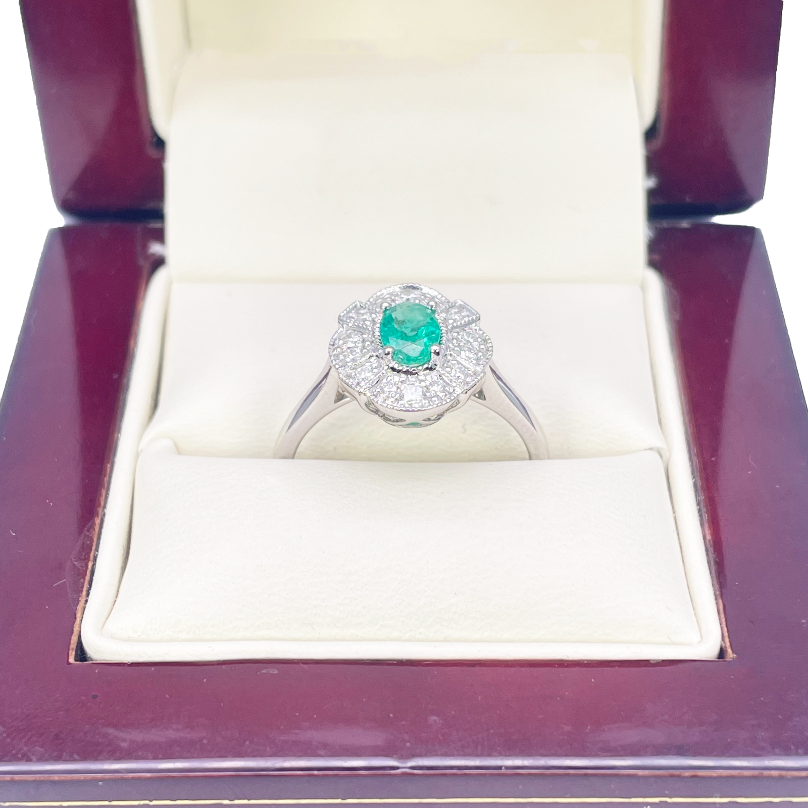 18ct Gold Natural Emerald Diamond Halo Ring Round & Oval Cut 0.65ct  Diamond Ring