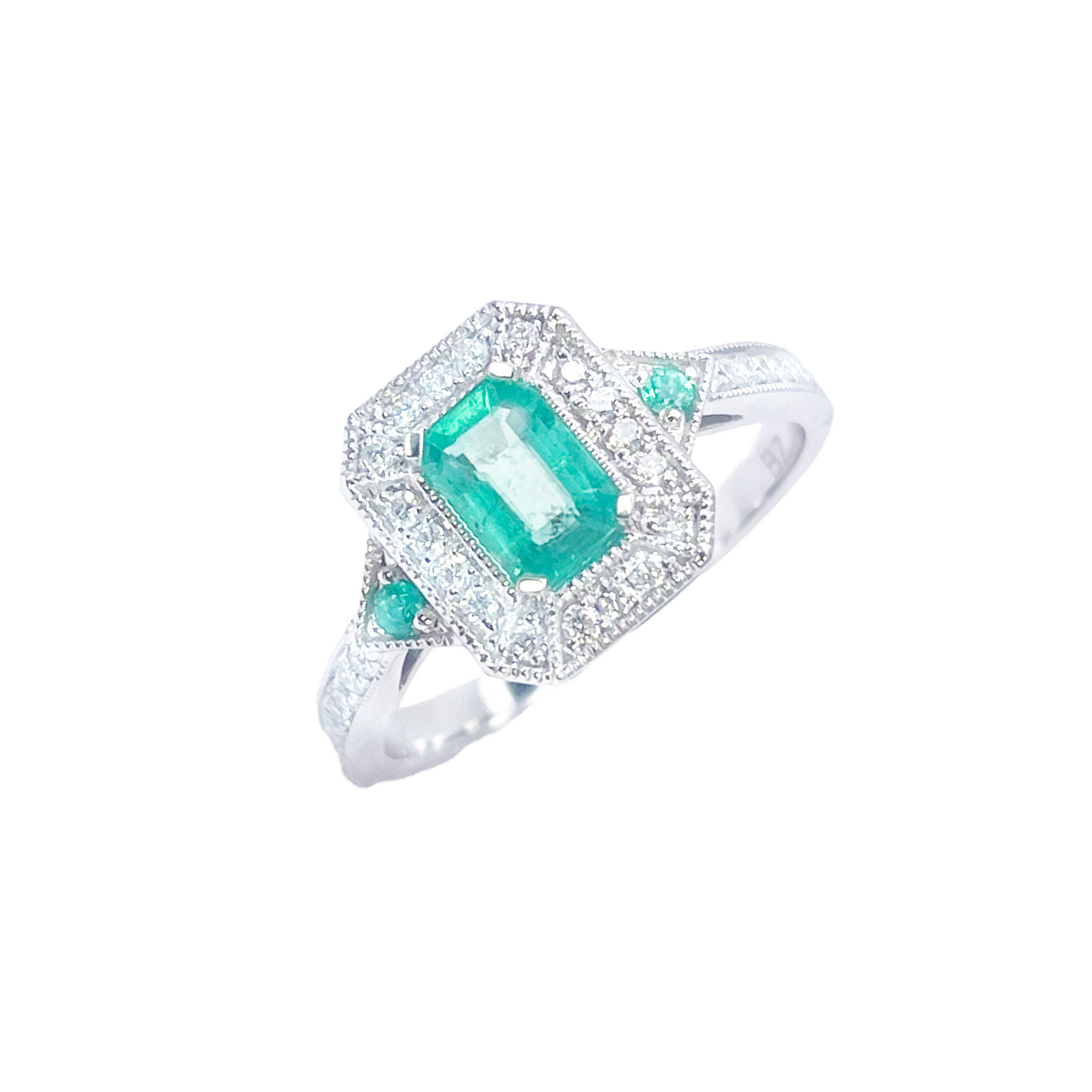 18ct Gold Natural Emerald Diamond Ring Round & Emerald Cut 0.80ct  Diamond Ring