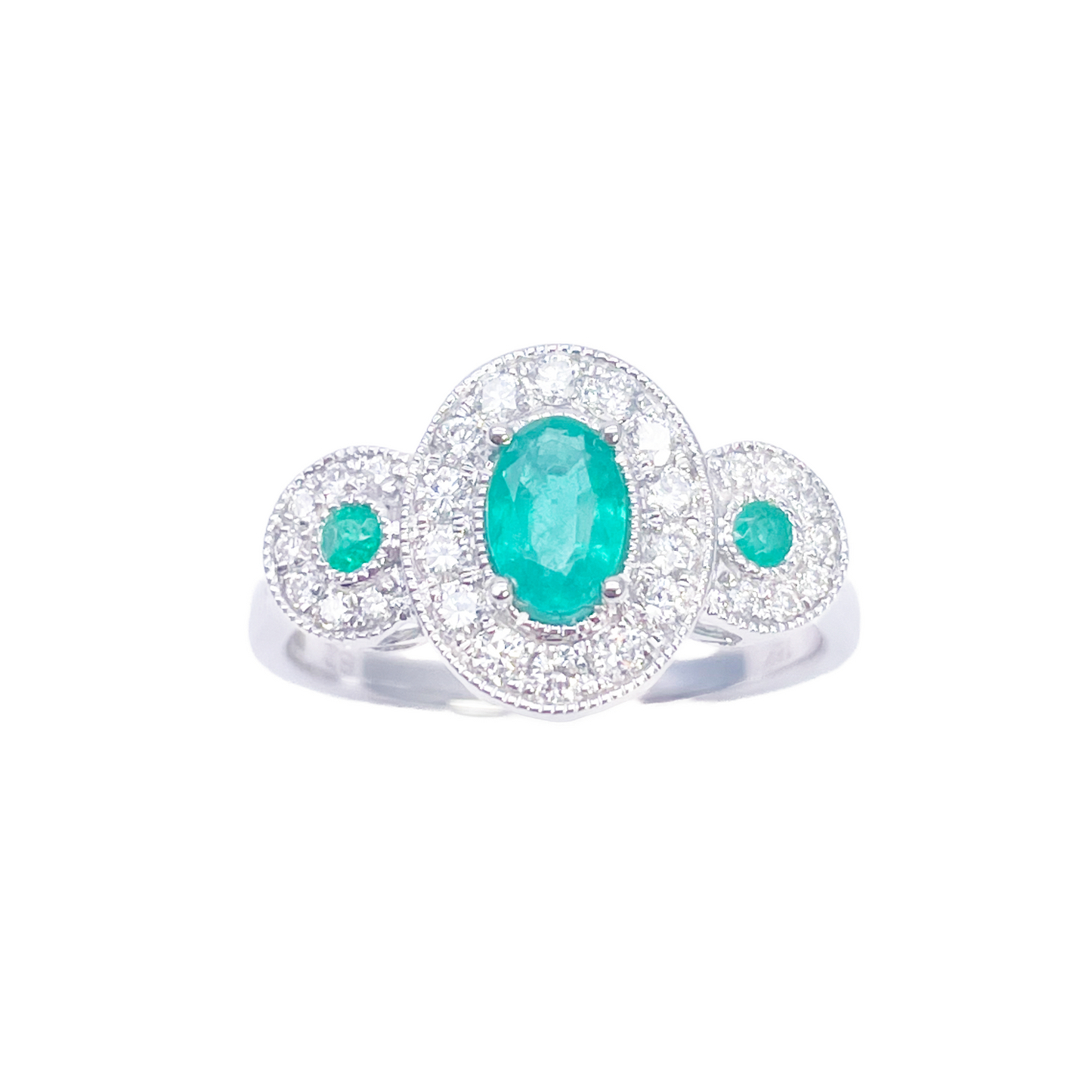 18ct Gold Natural Emerald Diamond Ring Round & Oval Cut 0.80ct  Diamond Ring