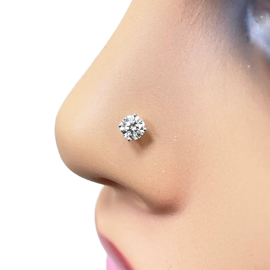 18ct Gold Natural Round Diamond Nose Stud Pin 0.20ct 4 Claw Certified 3.7mm Wide 