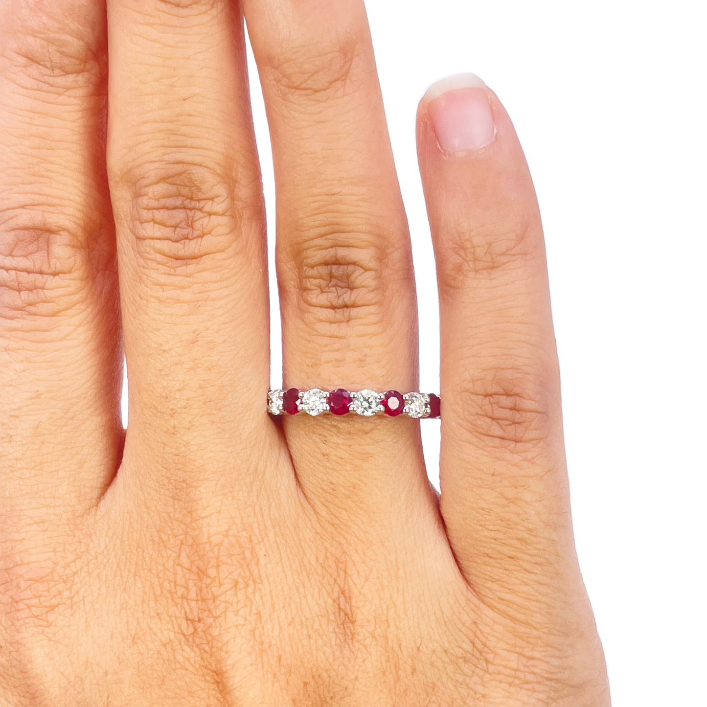 18ct Gold Natural Round Diamond & Ruby Half Eternity Stackable Band 1.05ct  Diamond Ring