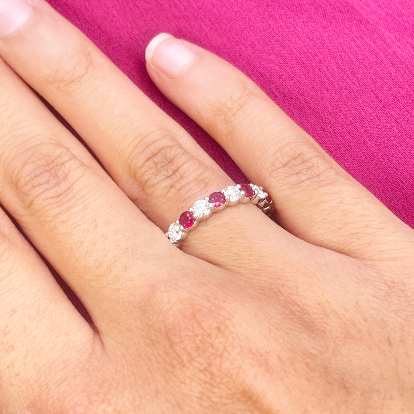 18ct Gold Natural Round Diamond & Ruby Half Eternity Stackable Band 1.05ct  Diamond Ring