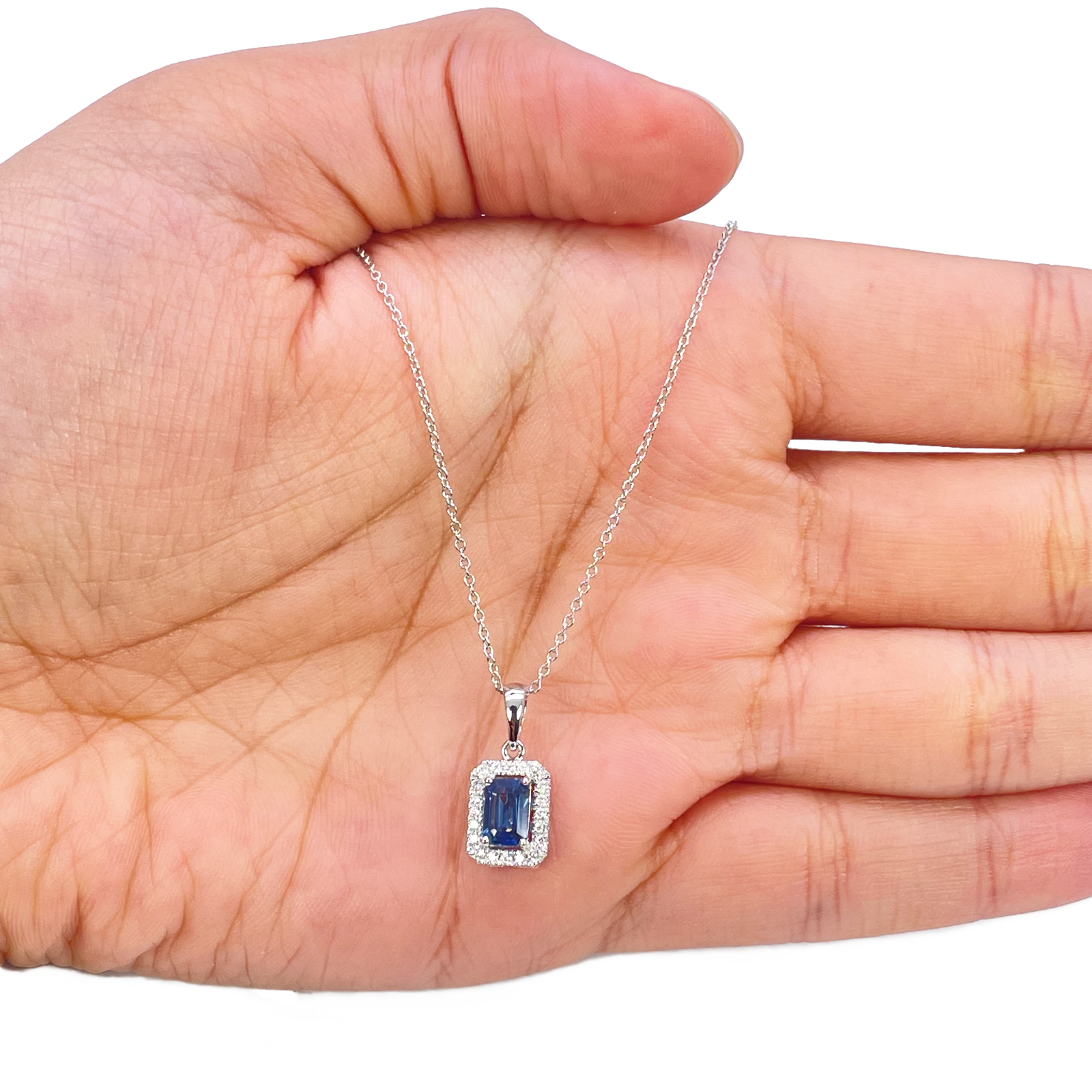 18ct Gold Natural Round Diamond & Sapphire Emerald Cut Halo Necklace 0.75ct 