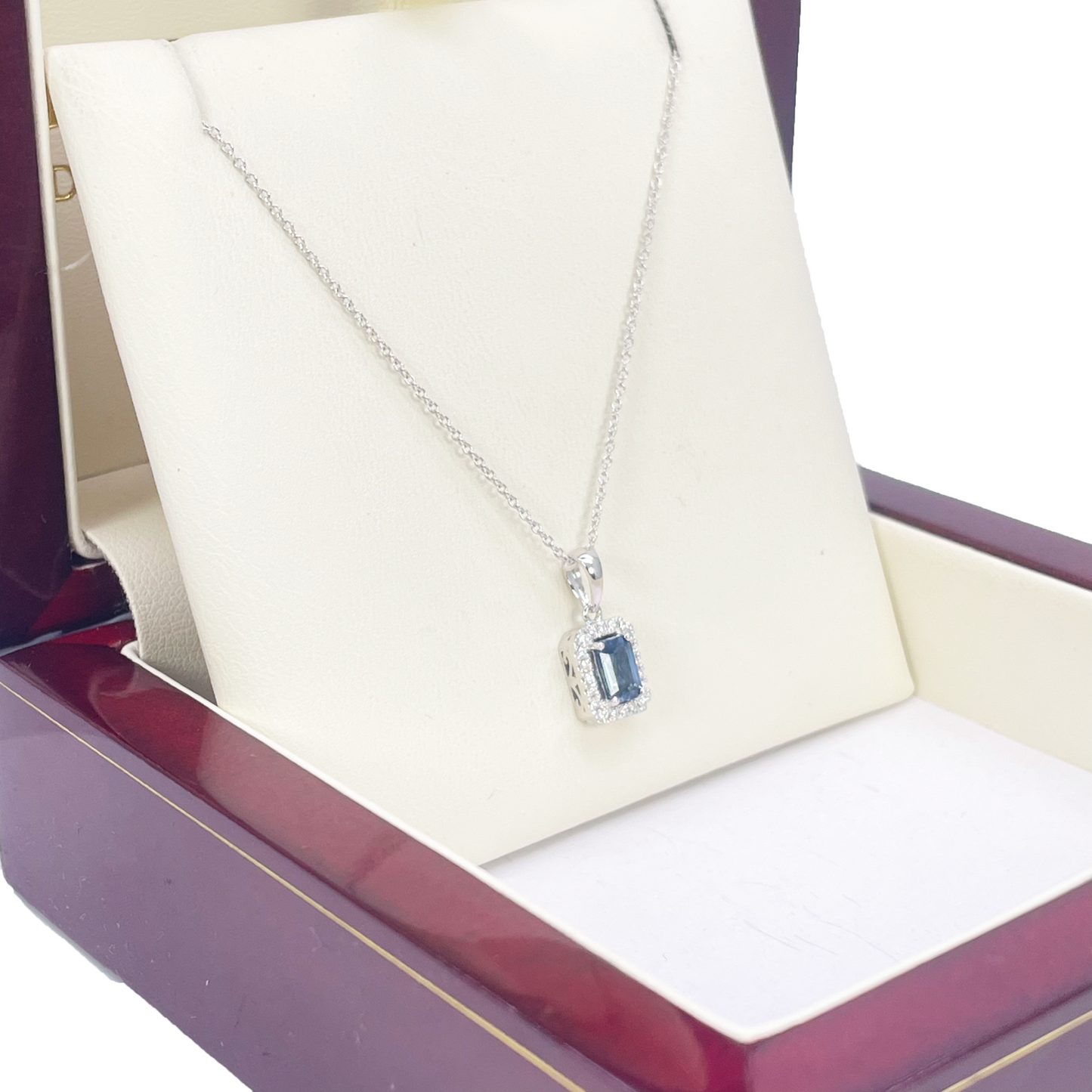 18ct Gold Natural Round Diamond & Sapphire Emerald Cut Halo Necklace 0.75ct 