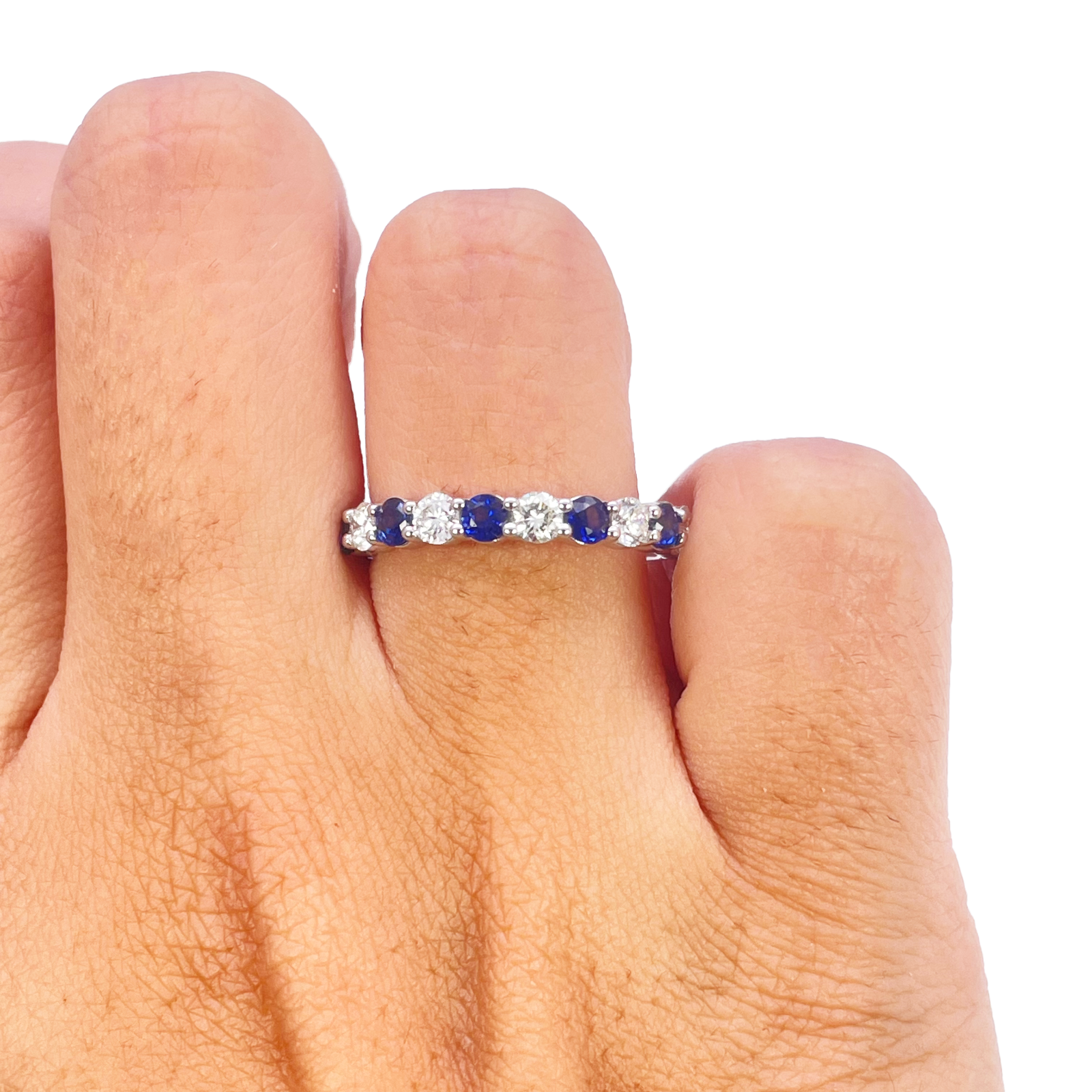 18ct Gold Natural Round Diamond & Sapphire Half Eternity Stackable Band 1.20ct  Diamond Ring