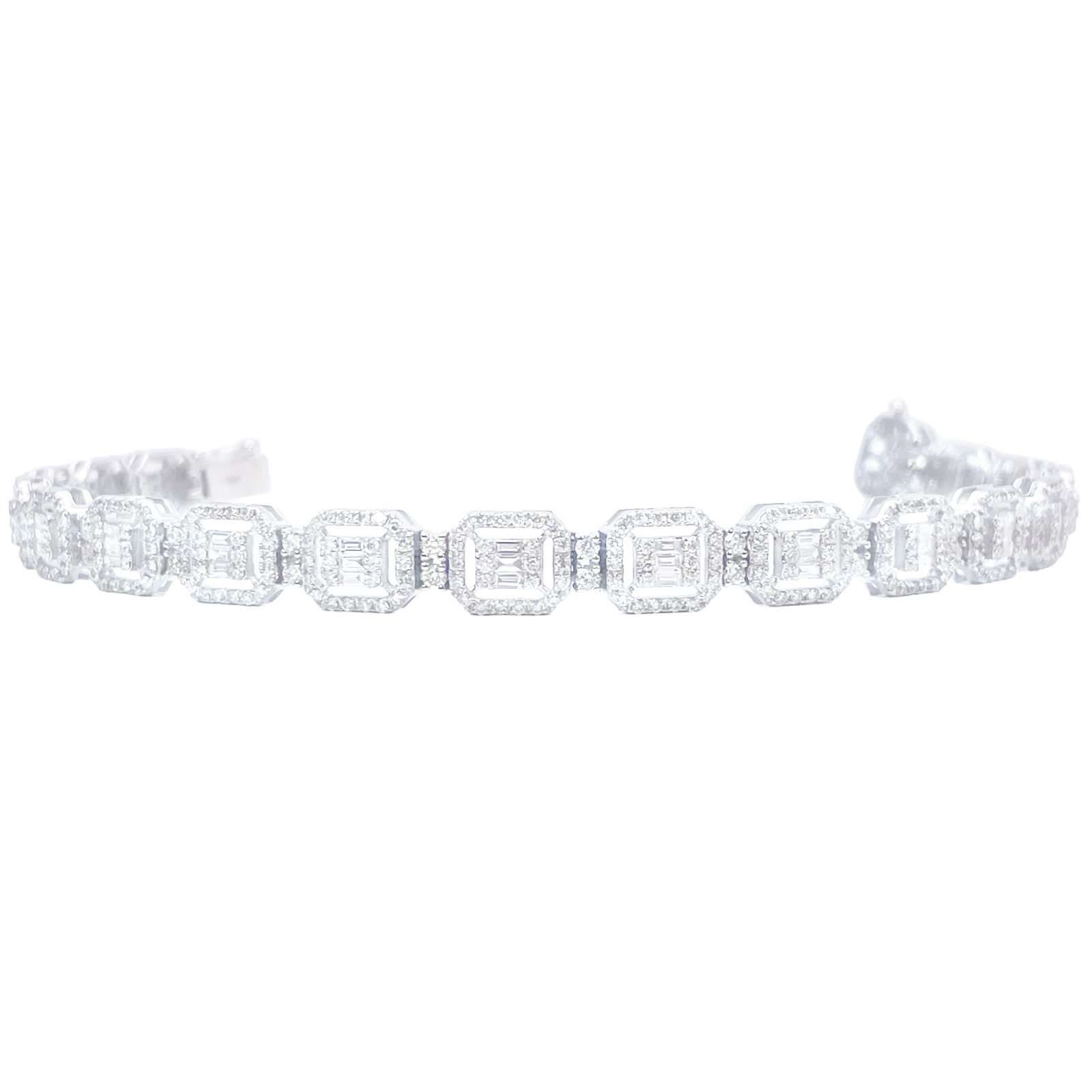 18ct Gold Natural Round & Baguette Diamond Halo Tennis Bracelet 3.25ct  Diamond Bracelets