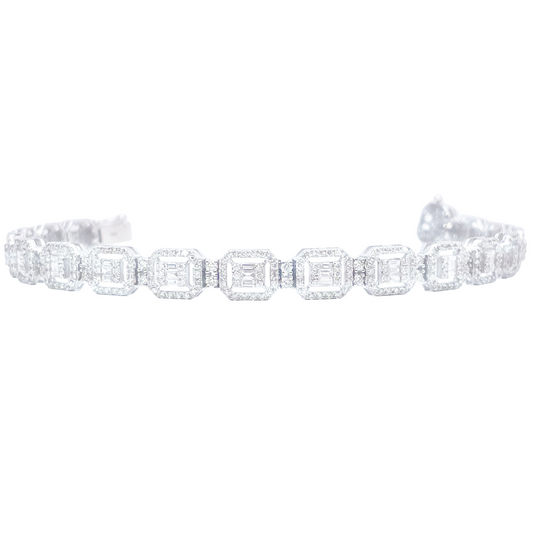 18ct Gold Natural Round & Baguette Diamond Halo Tennis Bracelet 3.25ct  Diamond Bracelets