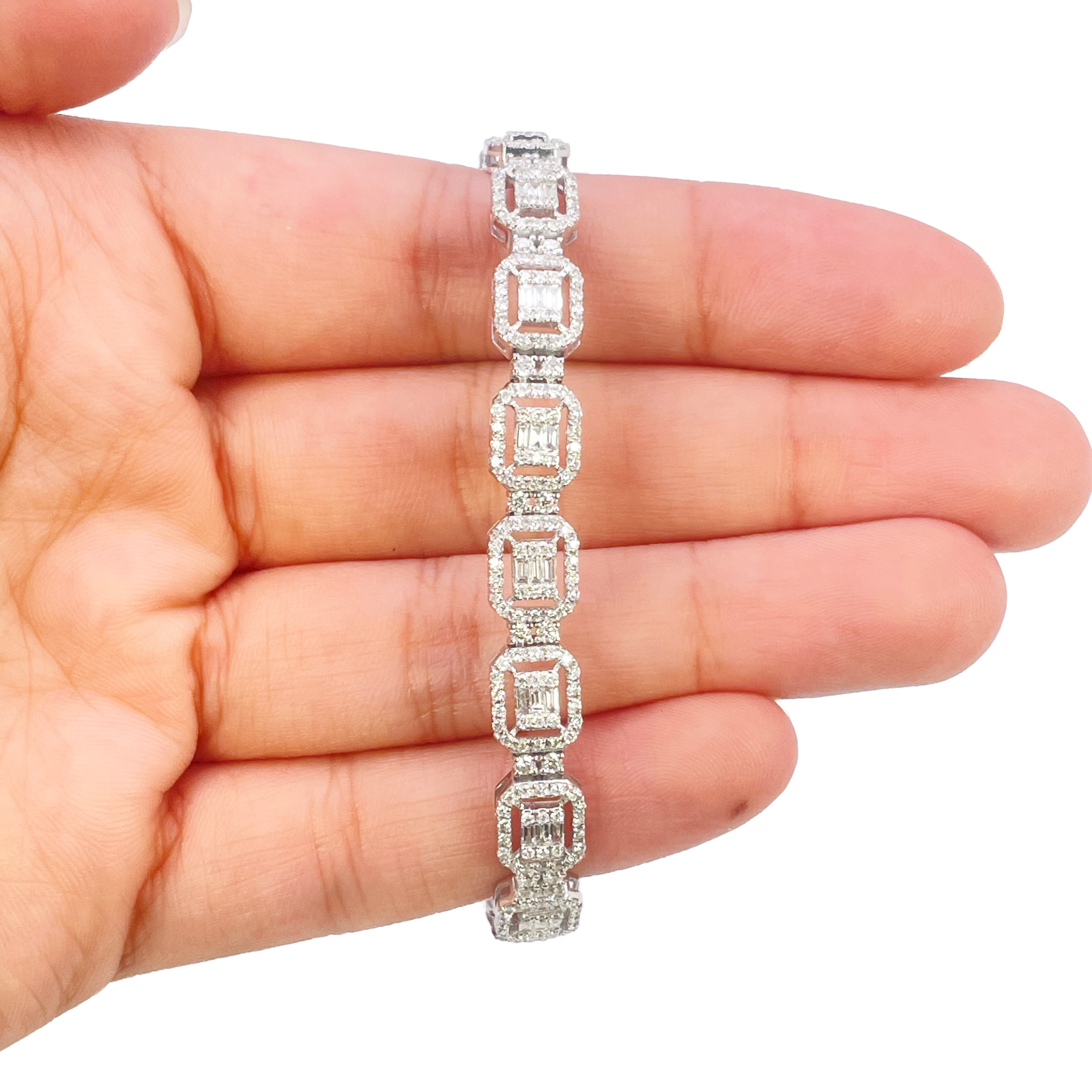18ct Gold Natural Round & Baguette Diamond Halo Tennis Bracelet 3.25ct  Diamond Bracelets