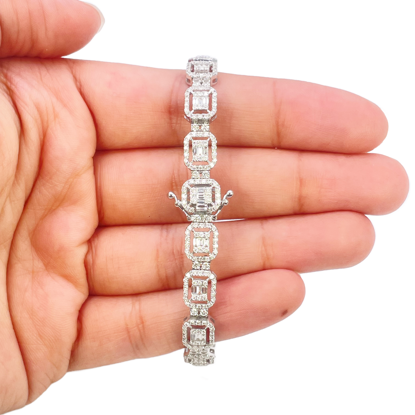 18ct Gold Natural Round & Baguette Diamond Halo Tennis Bracelet 3.25ct  Diamond Bracelets