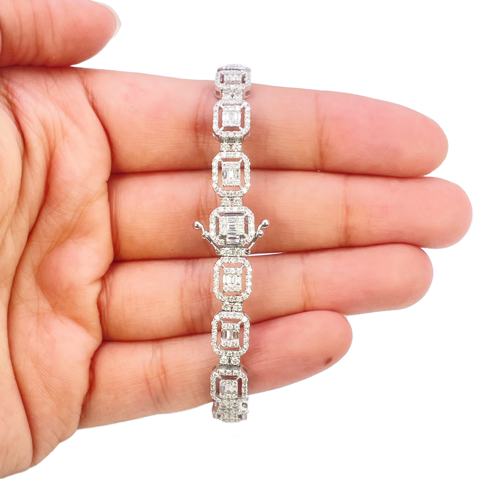 18ct Gold Natural Round & Baguette Diamond Halo Tennis Bracelet 3.25ct  Diamond Bracelets