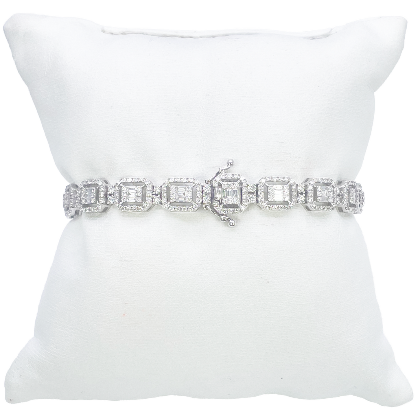 18ct Gold Natural Round & Baguette Diamond Halo Tennis Bracelet 3.25ct  Diamond Bracelets