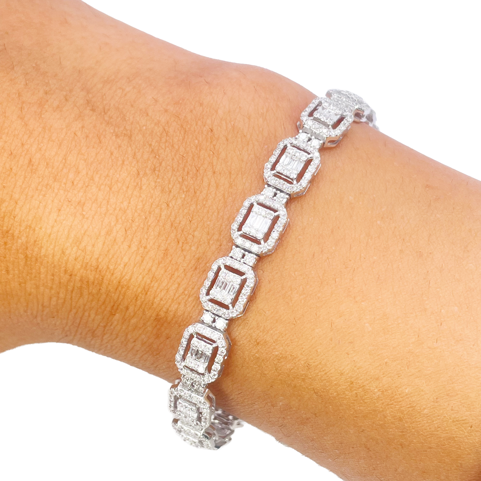 18ct Gold Natural Round & Baguette Diamond Halo Tennis Bracelet 3.25ct  Diamond Bracelets