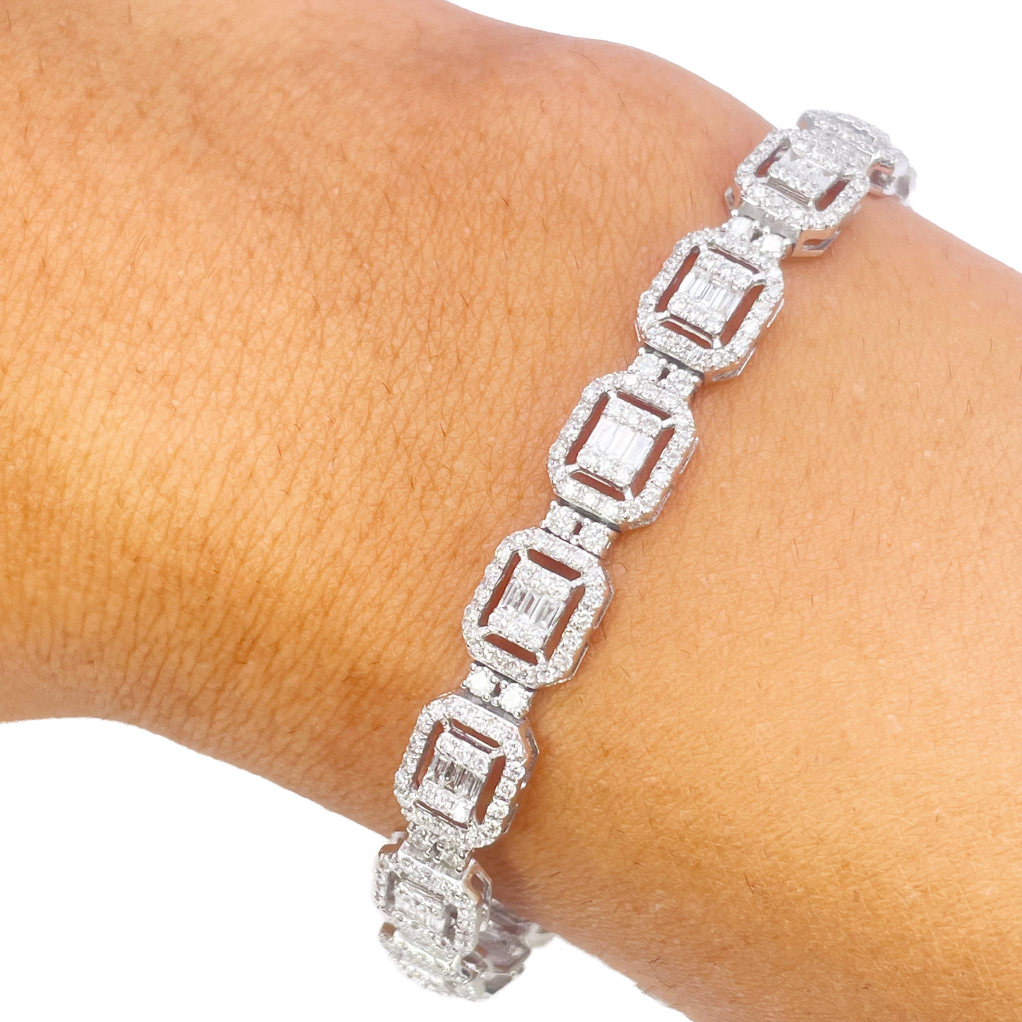 18ct Gold Natural Round & Baguette Diamond Halo Tennis Bracelet 3.25ct  Diamond Bracelets