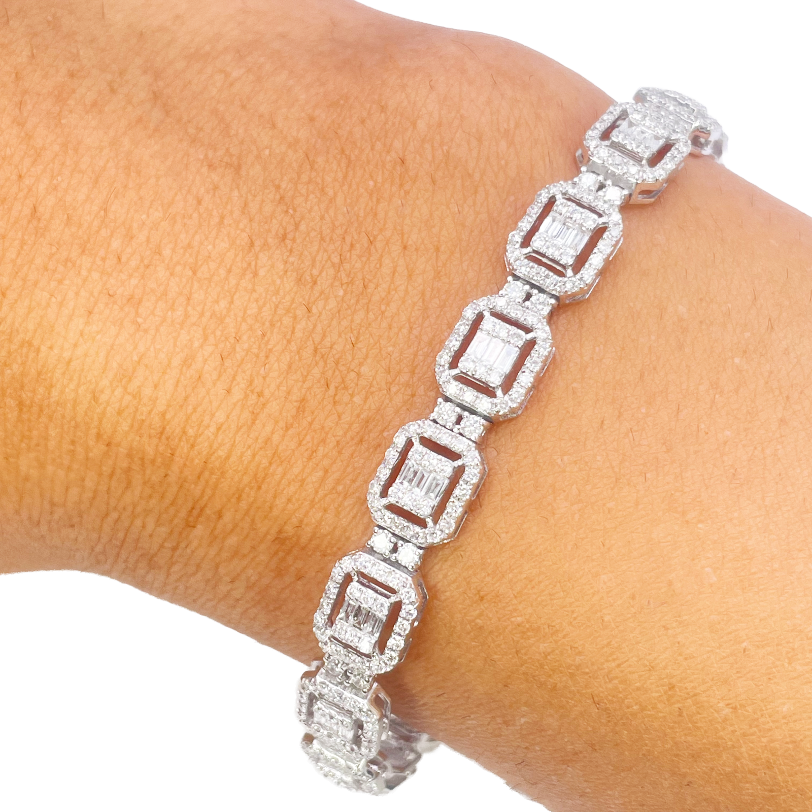 18ct Gold Natural Round & Baguette Diamond Halo Tennis Bracelet 3.25ct  Diamond Bracelets