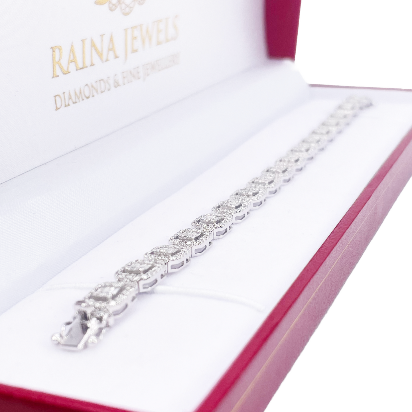 18ct Gold Natural Round & Baguette Diamond Halo Tennis Bracelet 3.25ct  Diamond Bracelets