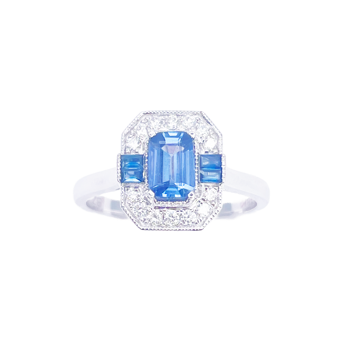 18ct Gold Natural Sapphire Diamond Halo Ring Round & Emerald Cut 1.00ct  Diamond Ring