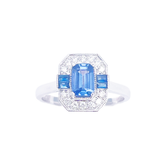 18ct Gold Natural Sapphire Diamond Halo Ring Round & Emerald Cut 1.00ct  Diamond Ring