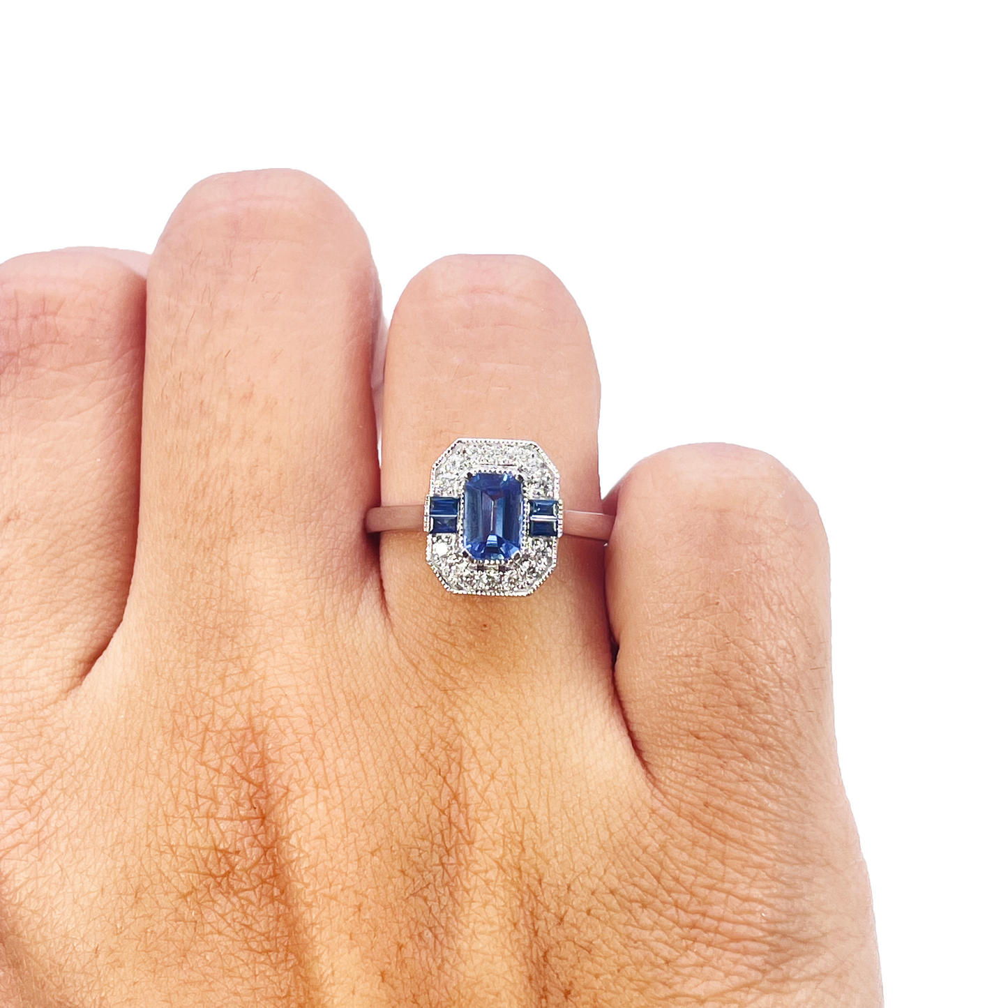 18ct Gold Natural Sapphire Diamond Halo Ring Round & Emerald Cut 1.00ct  Diamond Ring