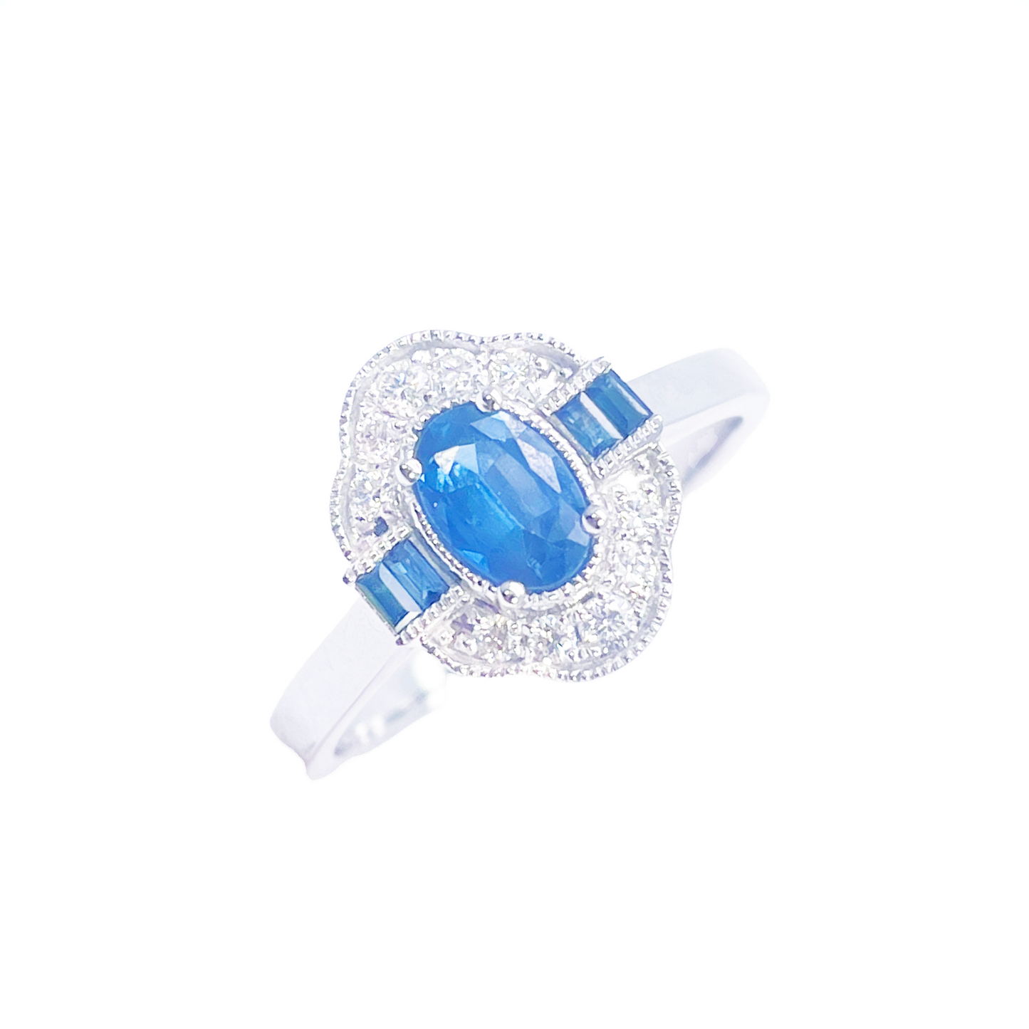 18ct Gold Natural Sapphire Diamond Halo Ring Round, Baguette & Oval Cut 0.70ct  Diamond Ring