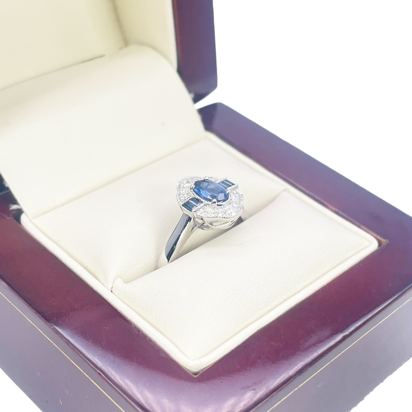 18ct Gold Natural Sapphire Diamond Halo Ring Round, Baguette & Oval Cut 0.70ct  Diamond Ring