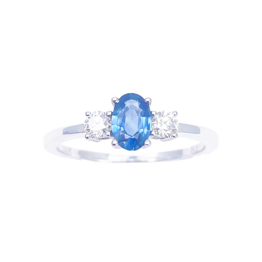 18ct Gold Natural Sapphire Diamond Three-Stone Ring Round & Oval Cut 0.65ct  Diamond Ring