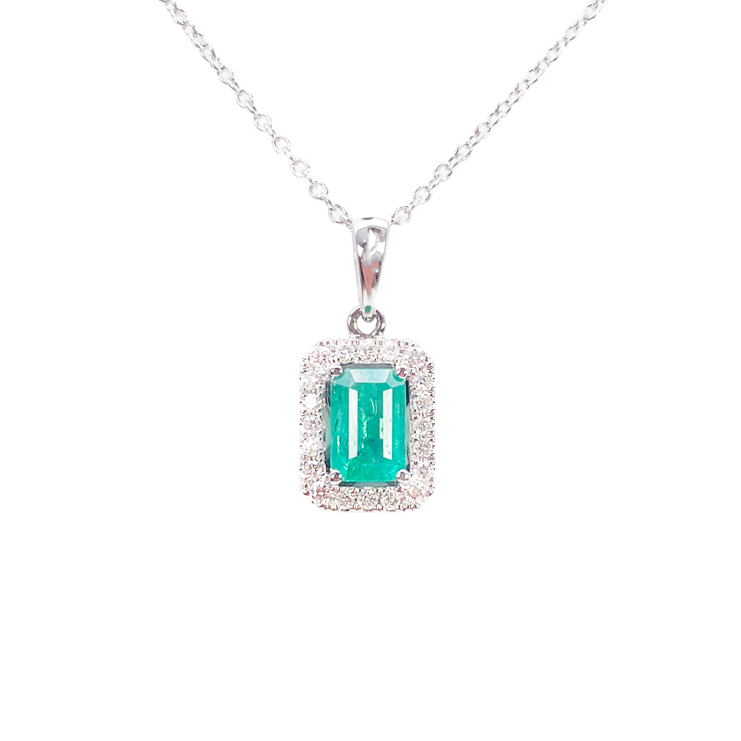 18ct Gold Necklace Natural Diamond/Emerald Round & Emerald Cut Halo Pendant 0.60ct 