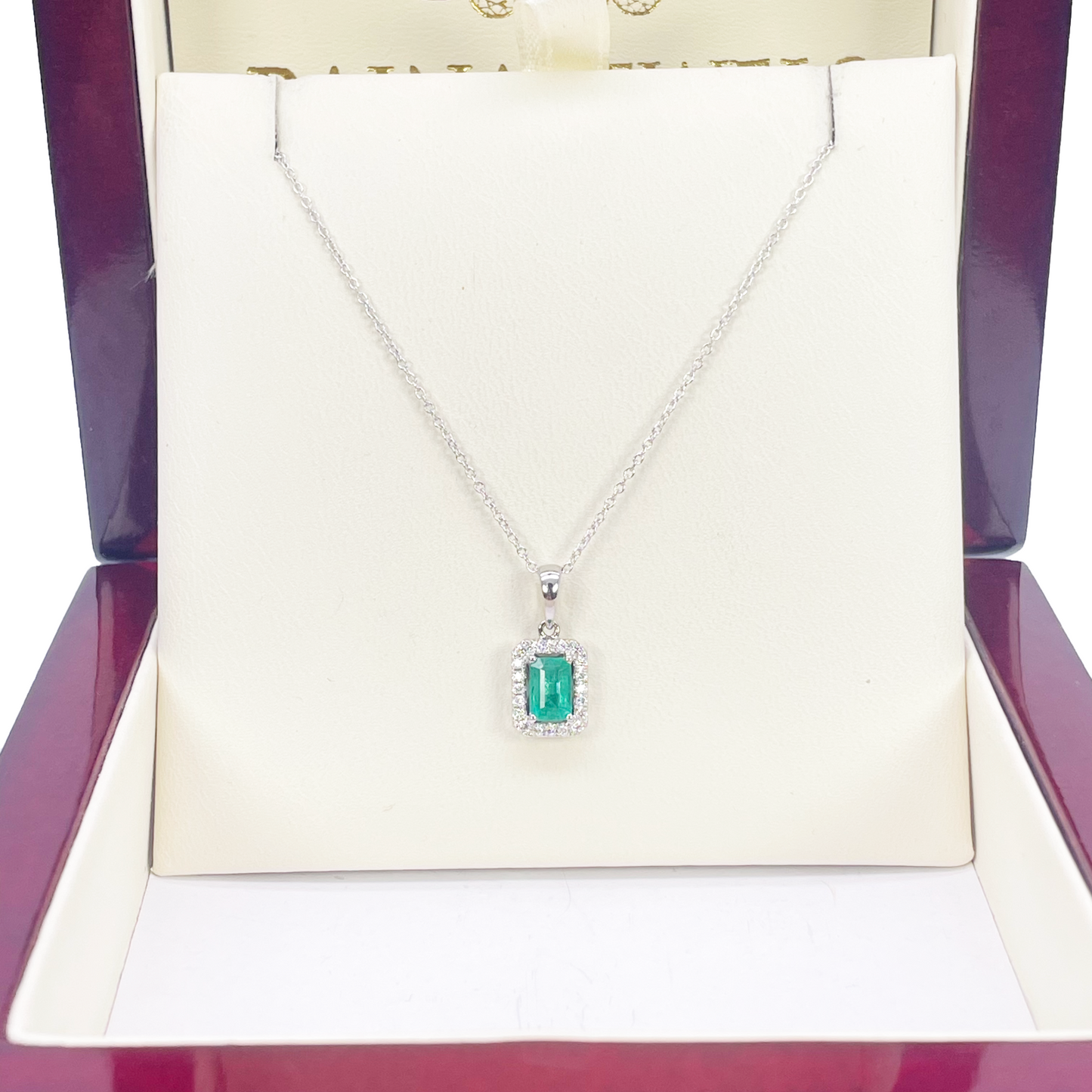 18ct Gold Necklace Natural Diamond/Emerald Round & Emerald Cut Halo Pendant 0.60ct 
