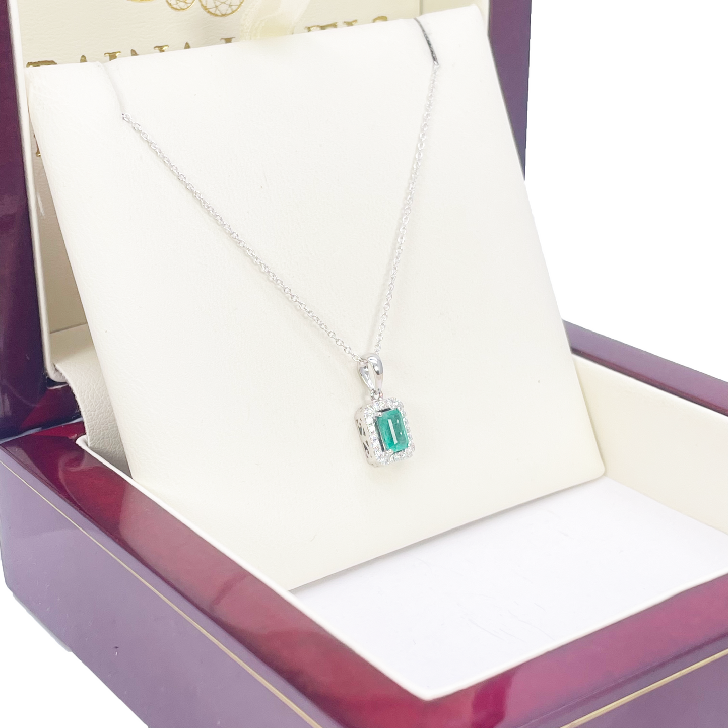 18ct Gold Necklace Natural Diamond/Emerald Round & Emerald Cut Halo Pendant 0.60ct 