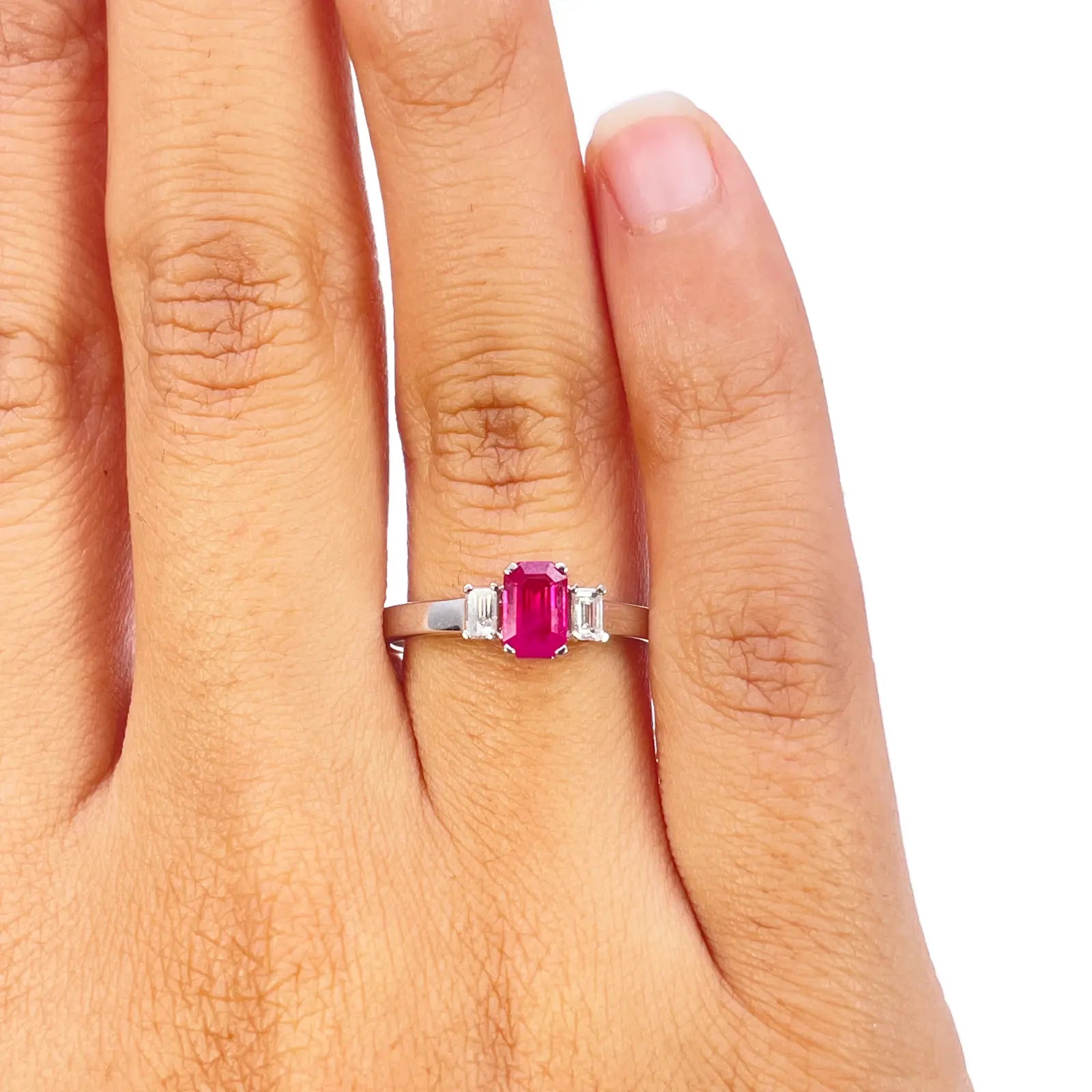 18ct Gold Ruby Diamond Ring Natural Baguette & Emerald Cut 0.85ct  Diamond Ring