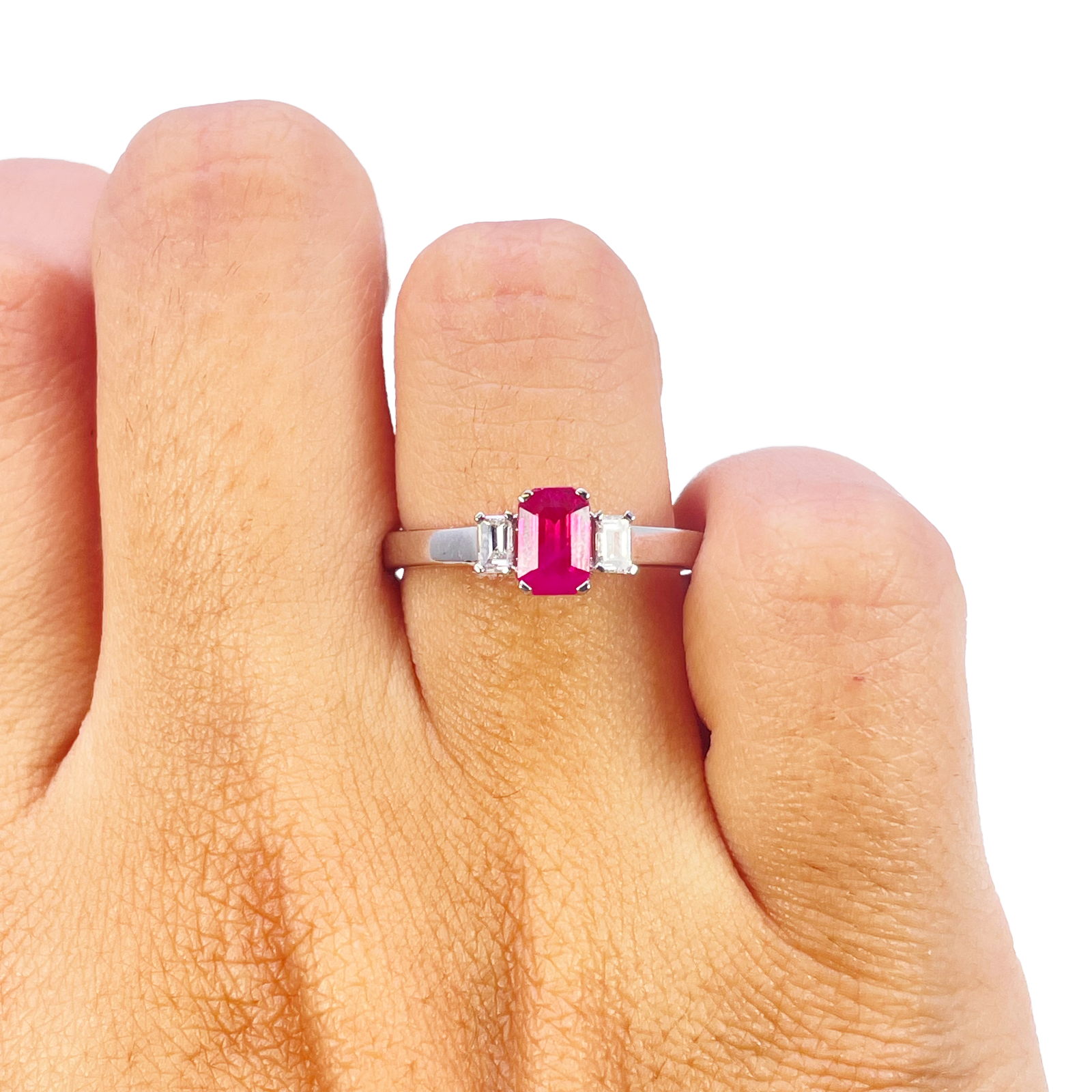 18ct Gold Ruby Diamond Ring Natural Baguette & Emerald Cut 0.85ct  Diamond Ring