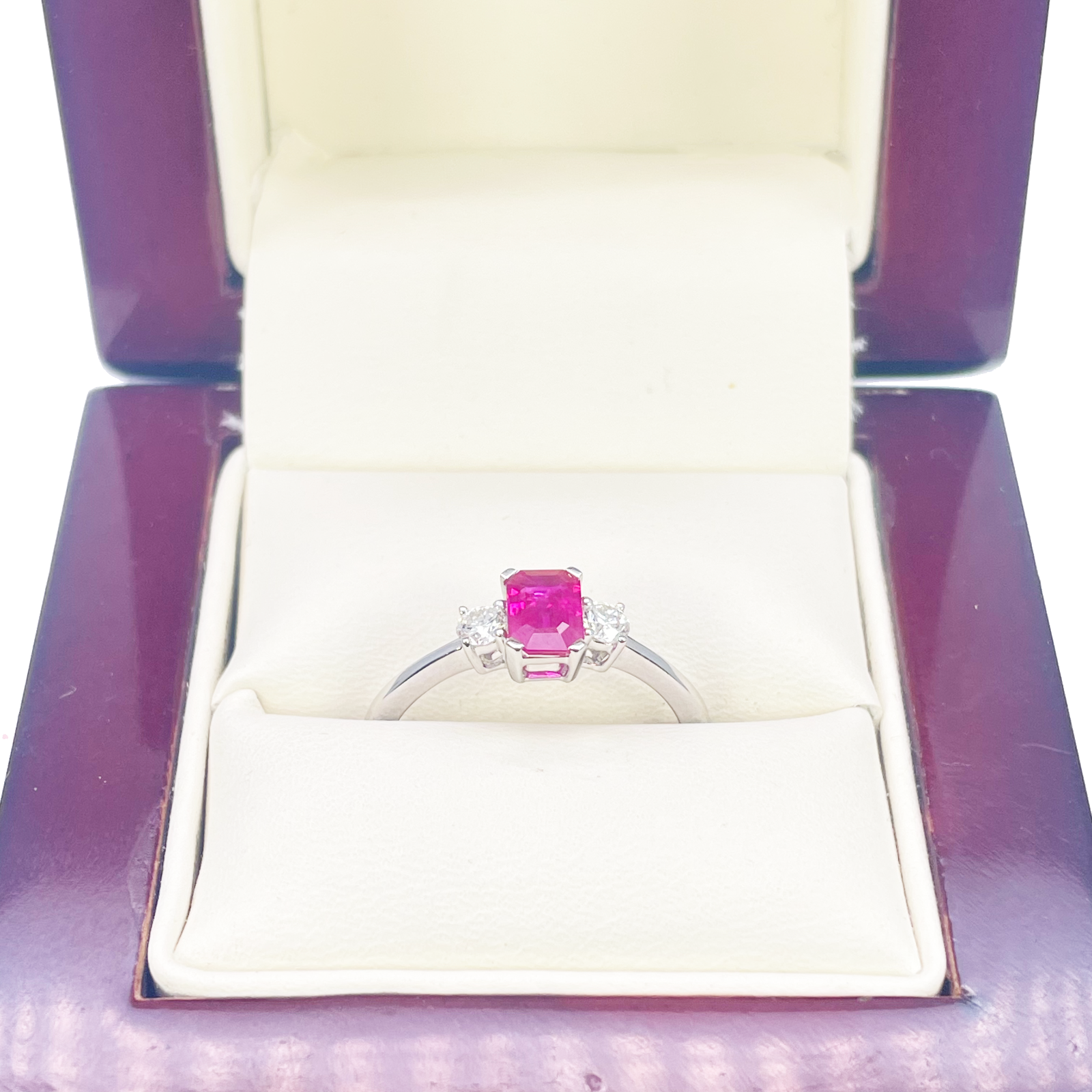 18ct Gold Ruby Diamond Ring Natural Round & Emerald Cut Three-Stone 0.75ct  Diamond Ring