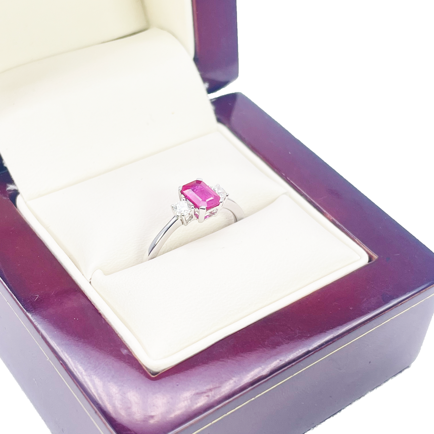 18ct Gold Ruby Diamond Ring Natural Round & Emerald Cut Three-Stone 0.75ct  Diamond Ring