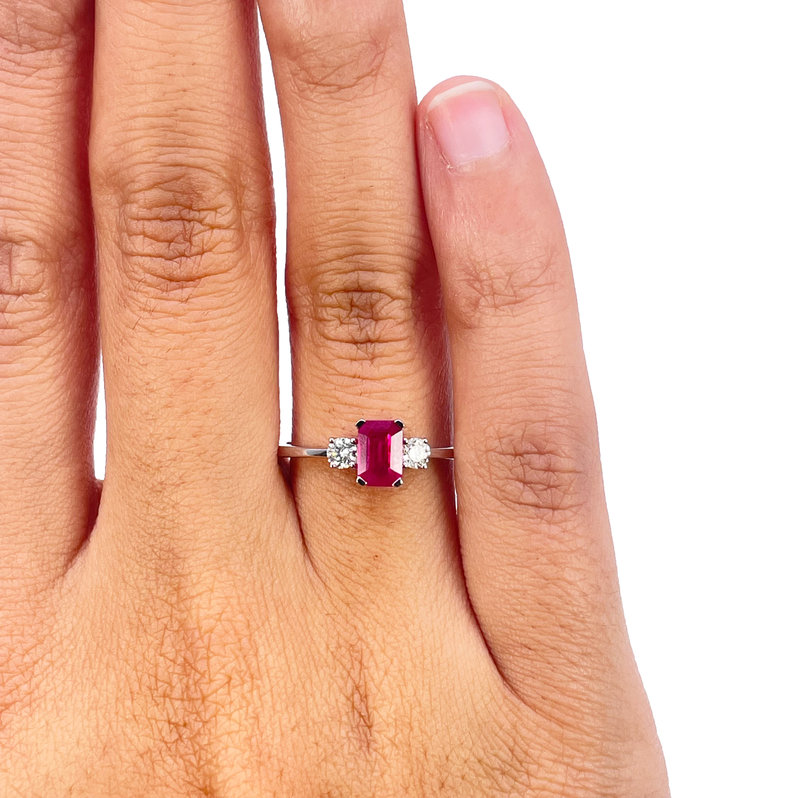 18ct Gold Ruby Diamond Ring Natural Round & Emerald Cut Three-Stone 0.75ct  Diamond Ring