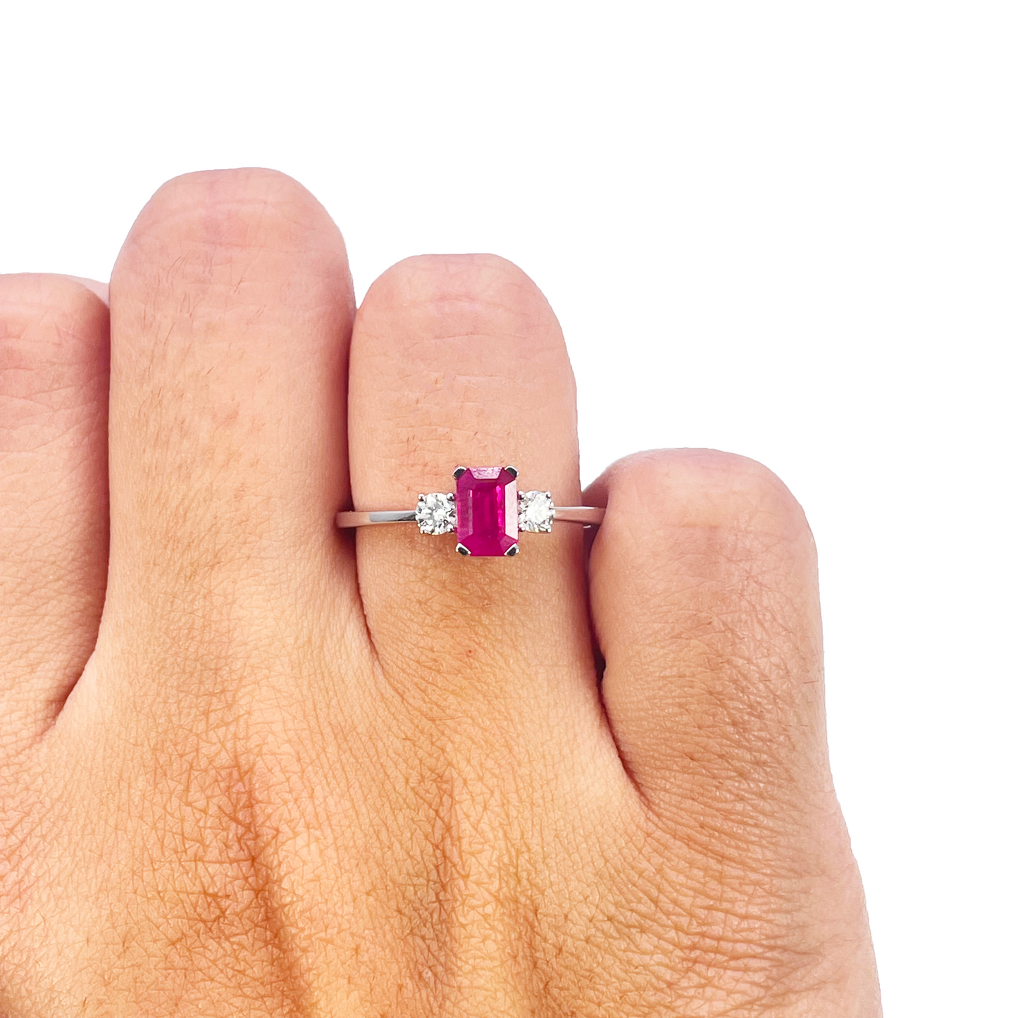 18ct Gold Ruby Diamond Ring Natural Round & Emerald Cut Three-Stone 0.75ct  Diamond Ring