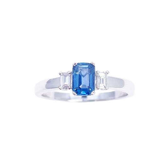 18ct Gold Sapphire Diamond Ring Natural Baguette & Emerald Cut 0.86ct  Diamond Ring