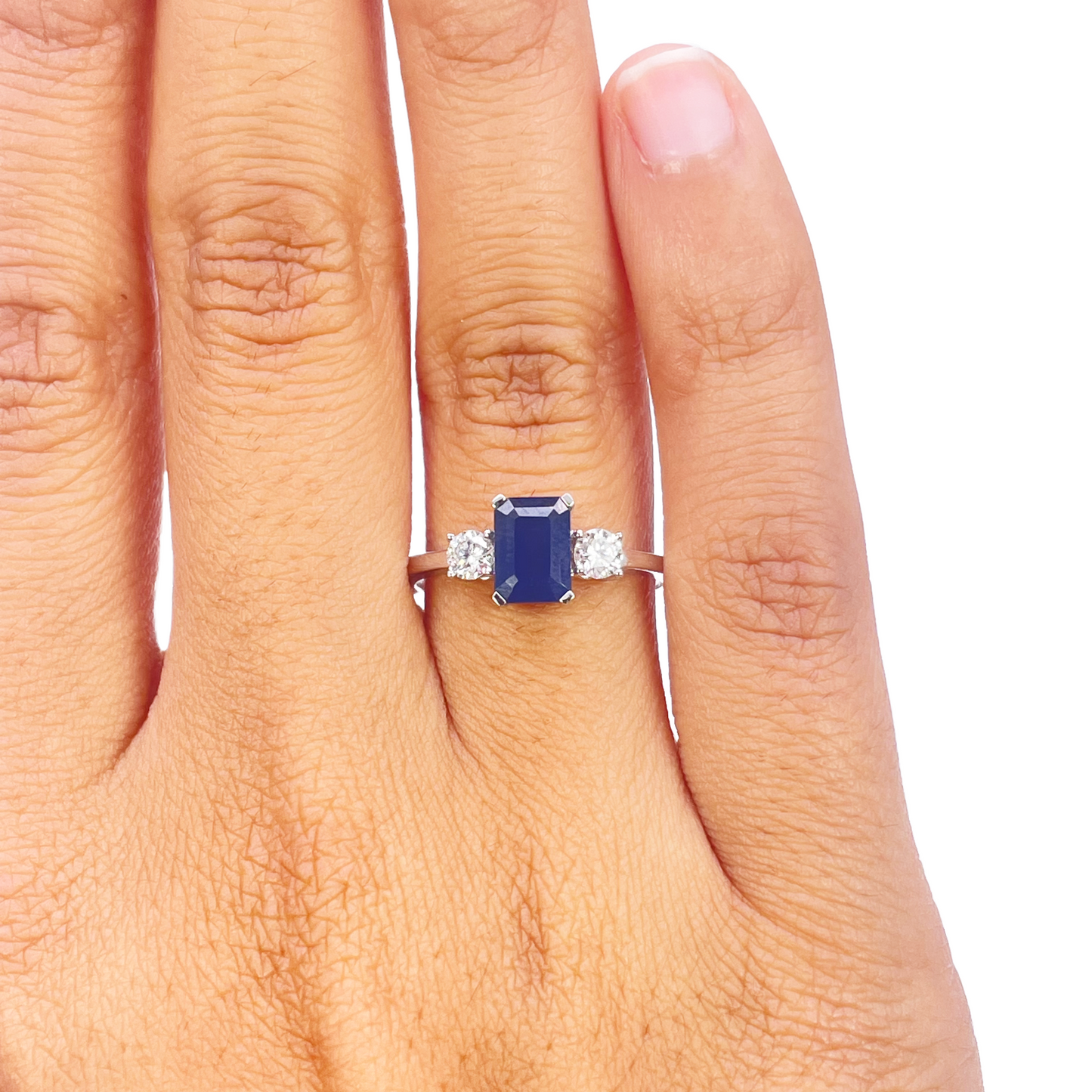 18ct Gold Sapphire Diamond Ring Natural Round & Emerald Cut Three-Stone 1.47ct  Diamond Ring